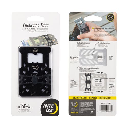 A hand holds Financial Tool® RFID Blocking Wallet, revealing stainless steel plates and 10 integrated tools for versatile use.