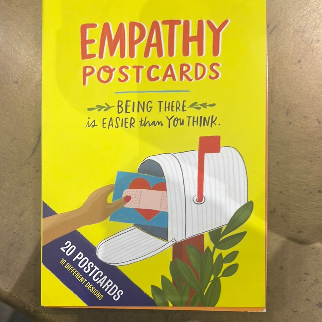 A yellow book with a hand placing a postcard in a mailbox, featuring El & Friends - Empathy Postcard Book.