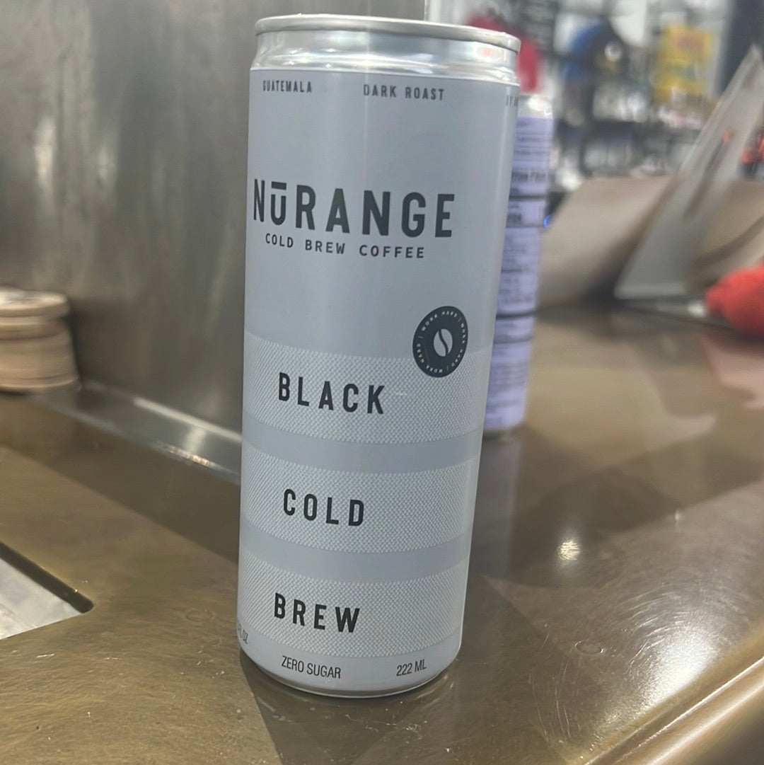 A tin can of Nurange black cold brew coffee on a counter, featuring a white label, against a white surface.