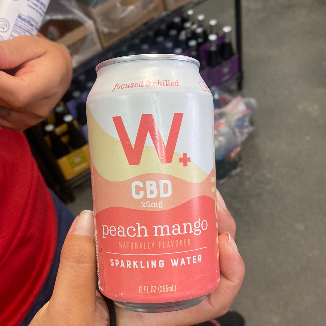 A hand holds a Wellers peach mango beverage can, featuring a logo close-up and a red letter on a white surface.