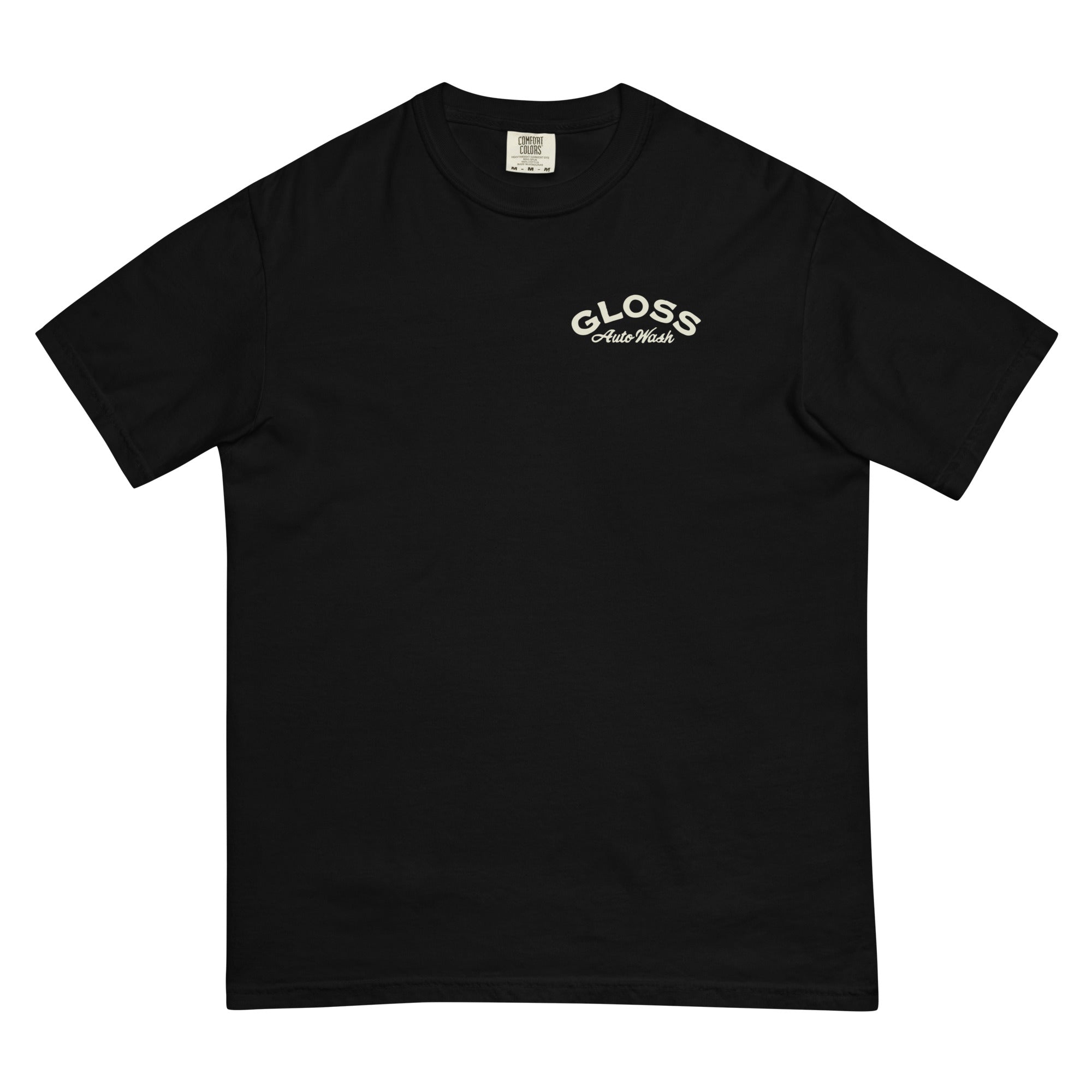 A men's Gloss T-shirt in black with white text, featuring a thick, structured design in 100% ring-spun cotton. Garment-dyed, relaxed fit, double-needle topstitched collar for durability.