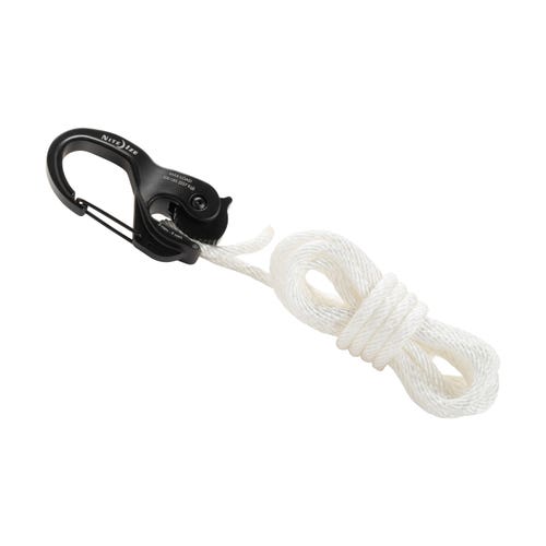 CamJam XT Aluminum Rope Tightener with carabiner and cam locking mechanism, shown with white rope and black clip, ideal for securing and tensioning loads with ease.