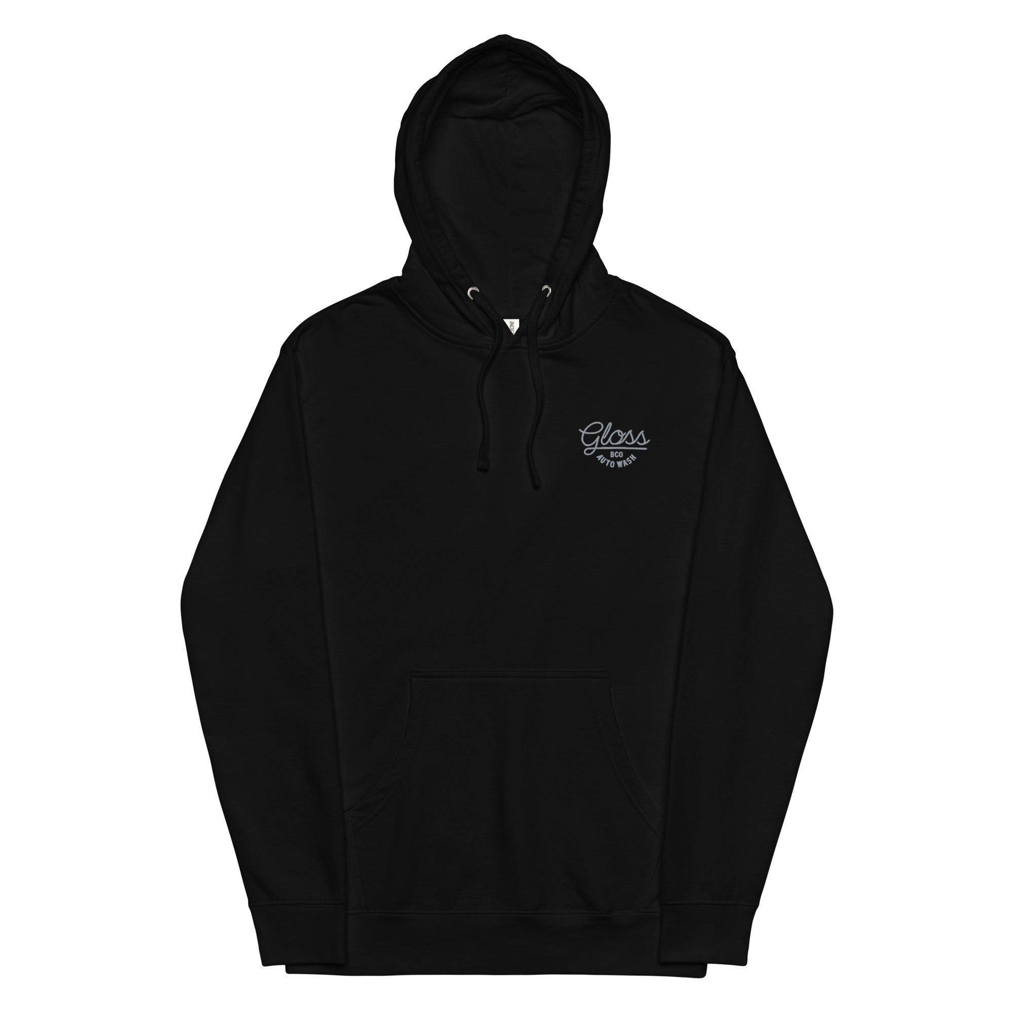 A black midweight unisex hoodie with white logo, featuring a cozy interior, jersey-lined hood, and ribbed cuffs and waistband for comfort and style.