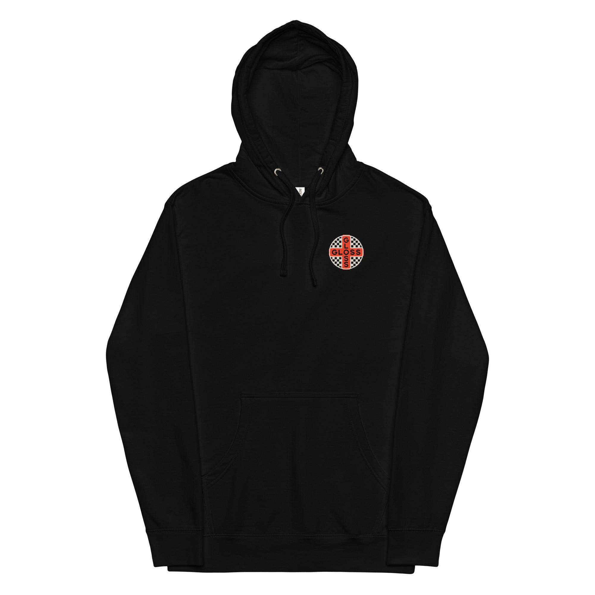 A unisex midweight hoodie featuring a red and white cross logo on black fabric. Soft fleece interior, jersey-lined hood, and durable stitching for comfort and style.