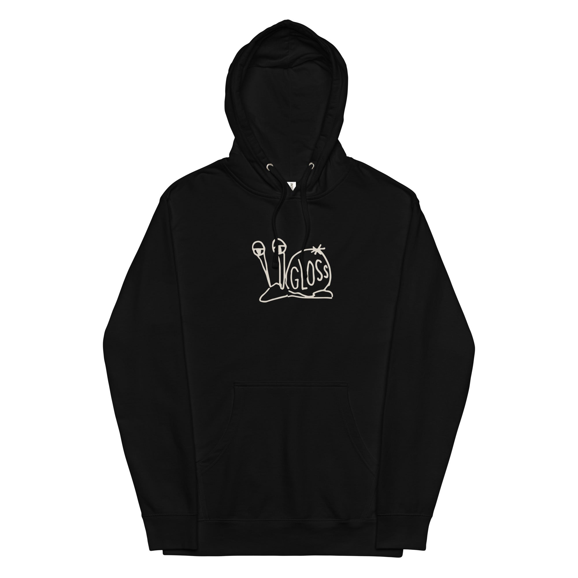 Unisex midweight hoodie with logo, snail, and cartoon faces. Black hoodie with soft fleece interior, jersey-lined hood, and ribbed cuffs. Comfortable, stylish outerwear for all.