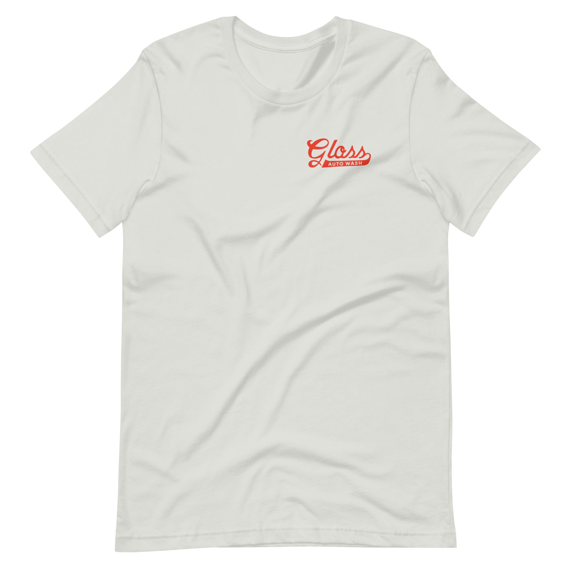 A white t-shirt featuring a red Gloss logo, made of soft, lightweight 100% combed cotton with stretch. Pre-shrunk, side-seamed, and shoulder-to-shoulder taping for comfort and style.