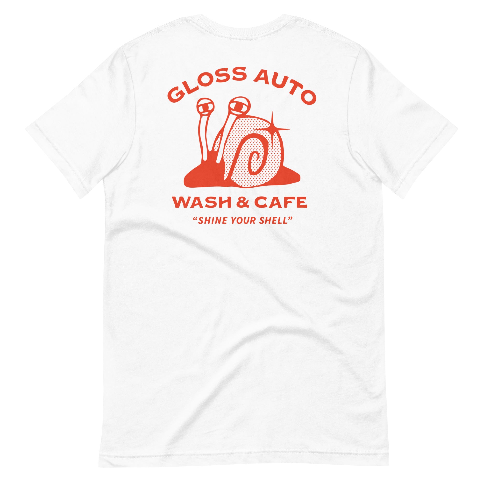 A white unisex t-shirt featuring a red Derpy Snail logo on the back. Soft, lightweight fabric with stretch, 100% combed and ring-spun cotton, pre-shrunk, side-seamed construction.