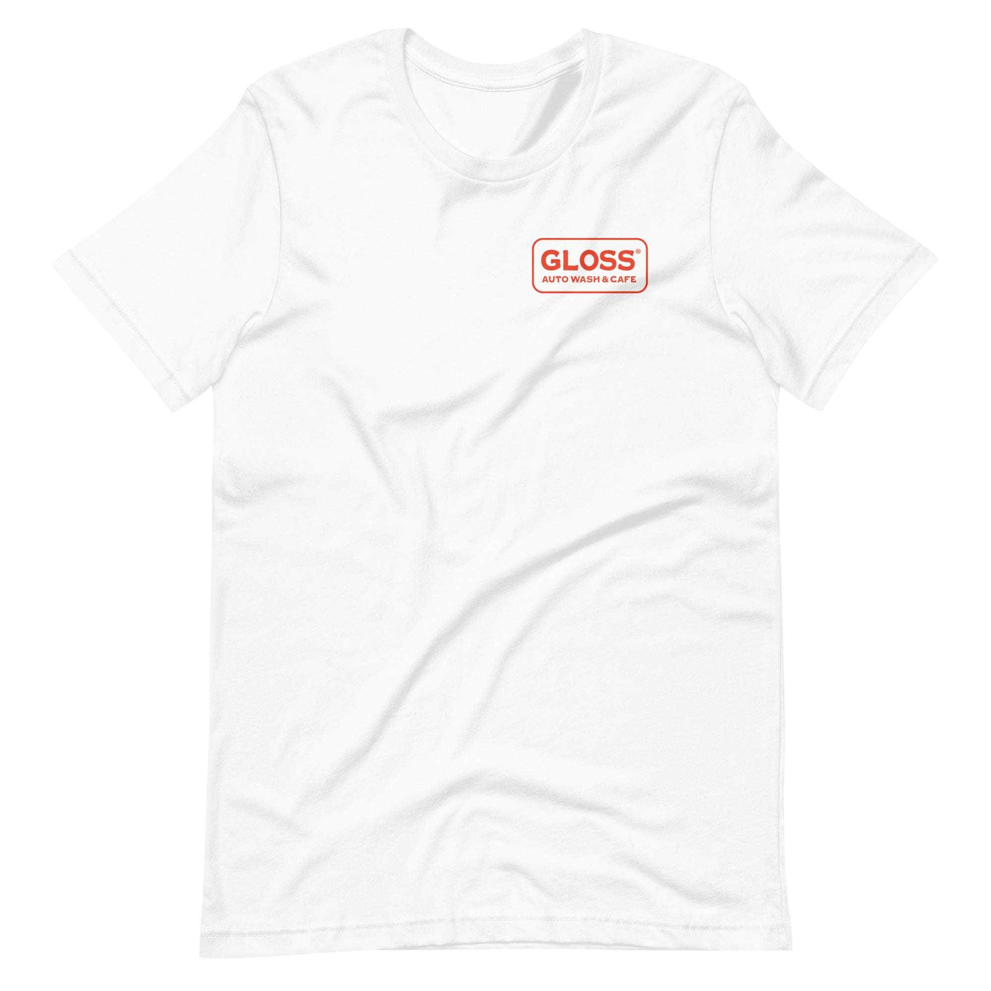 A white Derpy Snail unisex t-shirt with red text, featuring a close-up of the shirt's design and fabric texture. Soft, lightweight 100% combed cotton, pre-shrunk, with shoulder-to-shoulder taping.